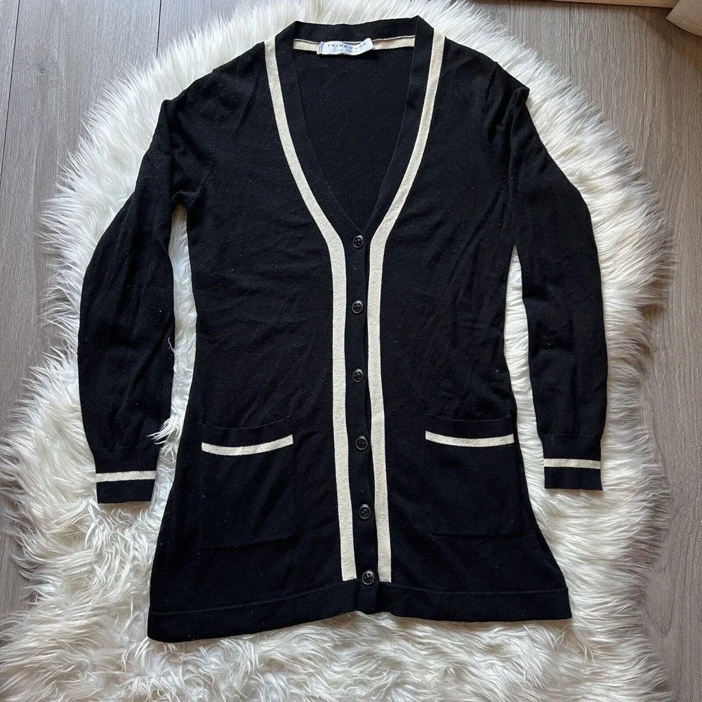 Trina Turk Cardigan Cashmere Silk Wool Black/cream Striped Pockets Sweater Sz M
